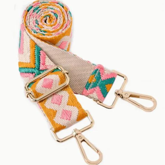 Unbranded Handbags - Pink Peach Teal Geo Embroidered Bag Guitar Strap Crossbody Shoulder Boho Western